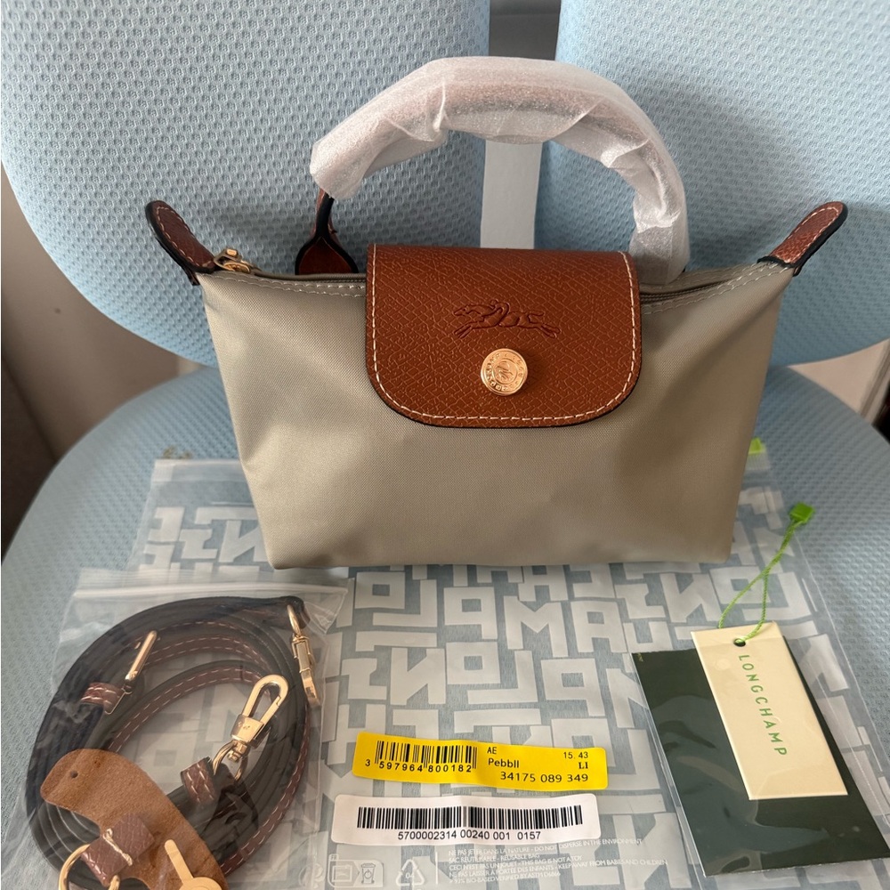 Longchamp Pebbll mini top-handle bag with brown leather flap